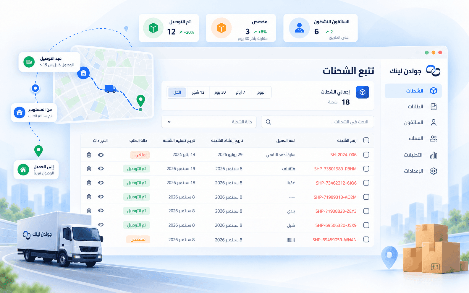 واجهة إدارة الشحنات في جولدن لينك